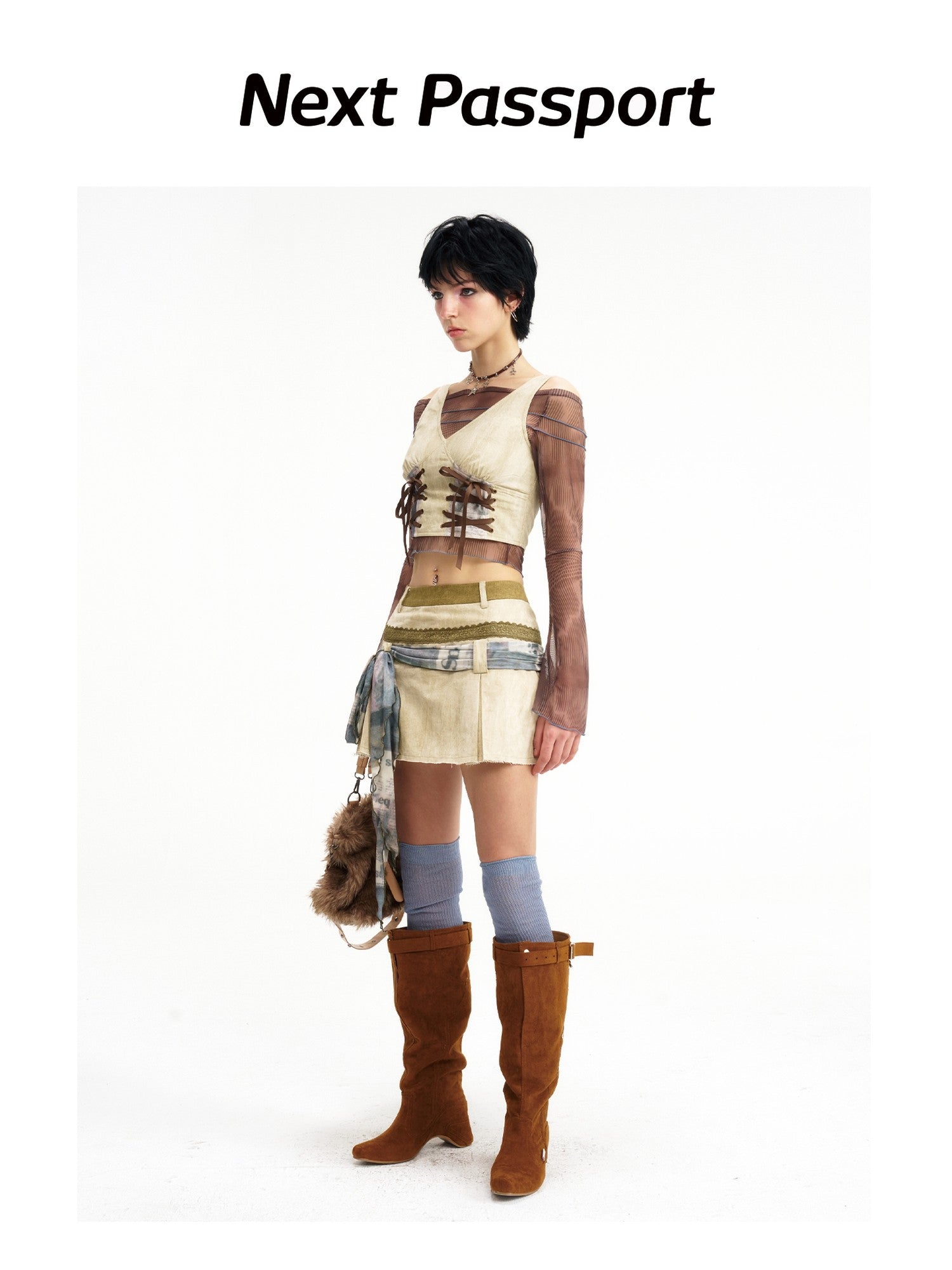 NextPassport MOF Wasteland Double Tie Strap Patchwork Women's Cotton Blend Matching Skirt Sets