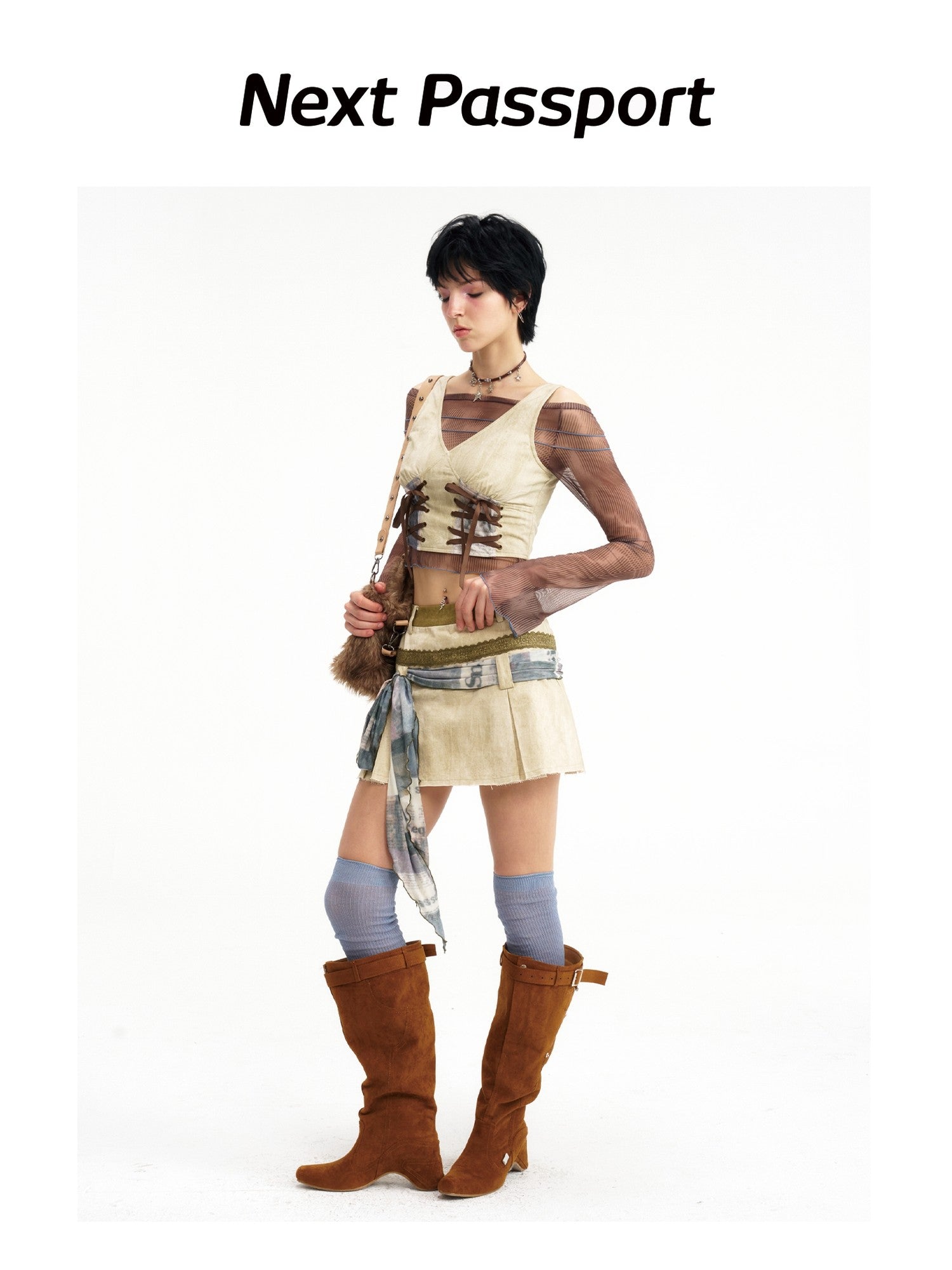 NextPassport MOF Wasteland Double Tie Strap Patchwork Women's Cotton Blend Matching Skirt Sets