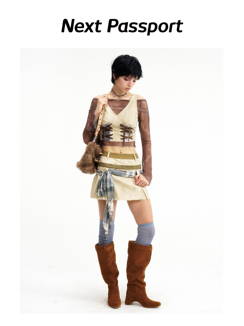 NextPassport MOF Wasteland Double Tie Strap Patchwork Women's Cotton Blend Matching Skirt Sets