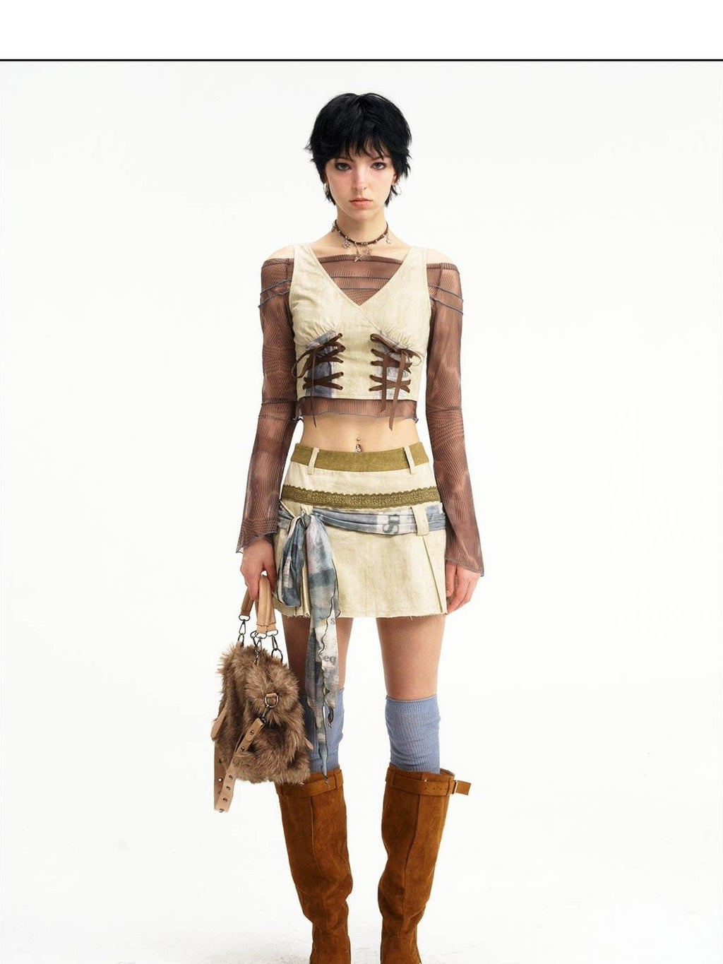 NextPassport MOF Wasteland Double Tie Strap Patchwork Women's Cotton Blend Matching Skirt Sets