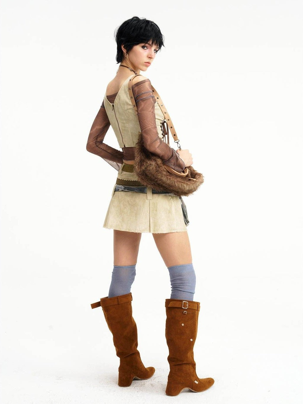 NextPassport MOF Wasteland Double Tie Strap Patchwork Women's Cotton Blend Matching Skirt Sets