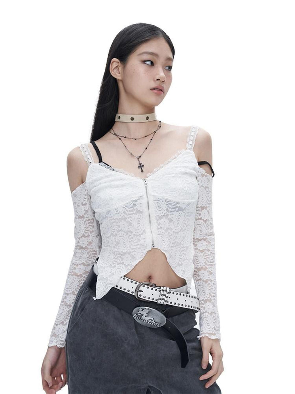 NextPassport MOF White Lace Off Shoulder Bell Sleeve Women's Long Sleeve T-shirts