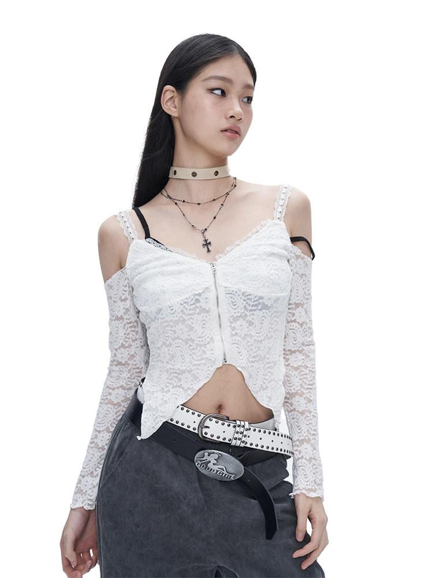 NextPassport MOF White Lace Off Shoulder Bell Sleeve Women's Long Sleeve T-shirts