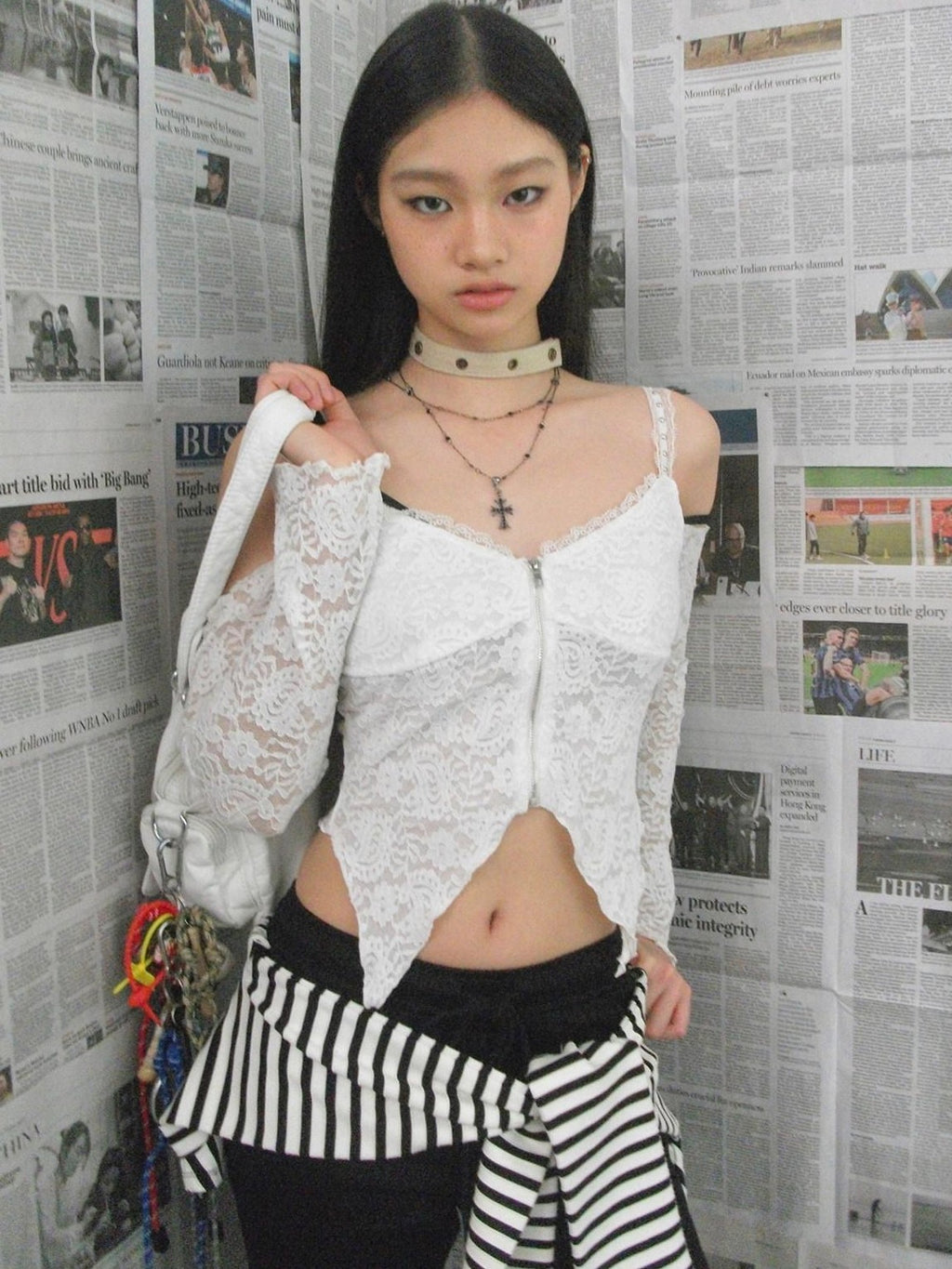 NextPassport MOF White Lace Off Shoulder Bell Sleeve Women's Long Sleeve T-shirts