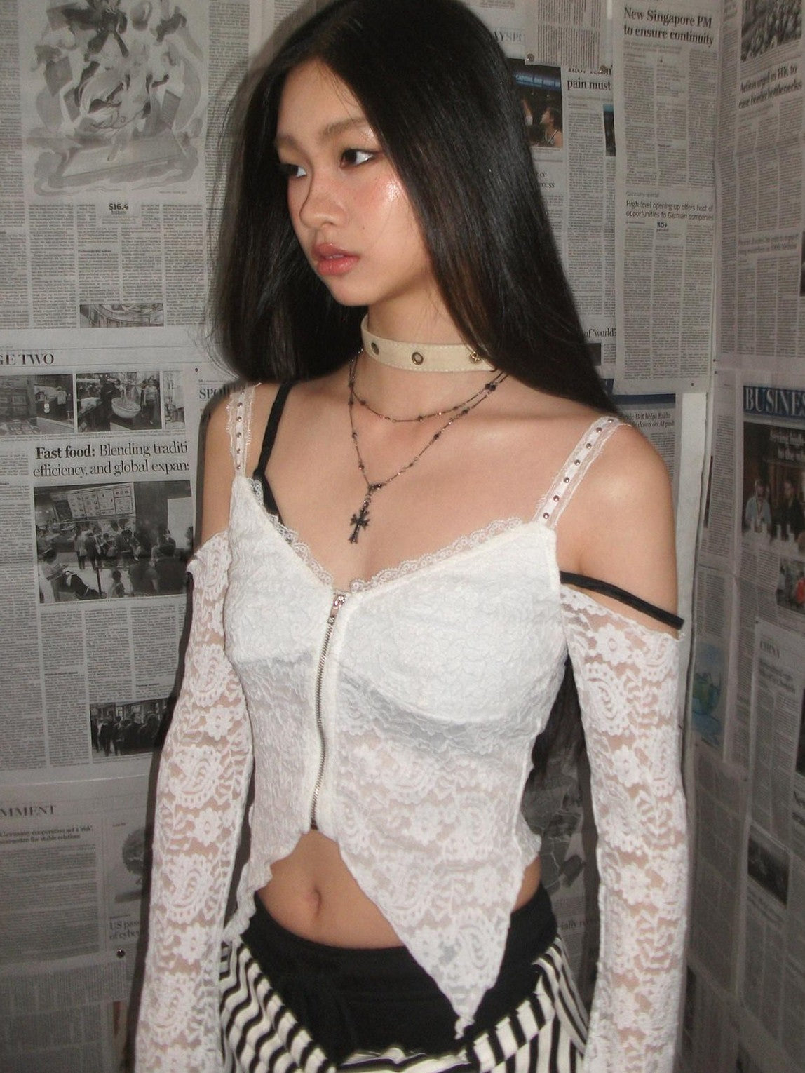 NextPassport MOF White Lace Off Shoulder Bell Sleeve Women's Long Sleeve T-shirts