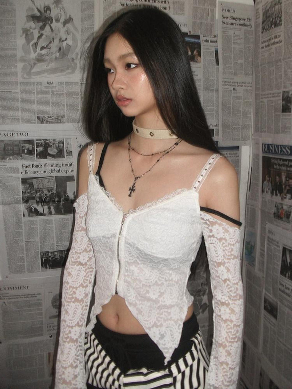 NextPassport MOF White Lace Off Shoulder Bell Sleeve Women's Long Sleeve T-shirts