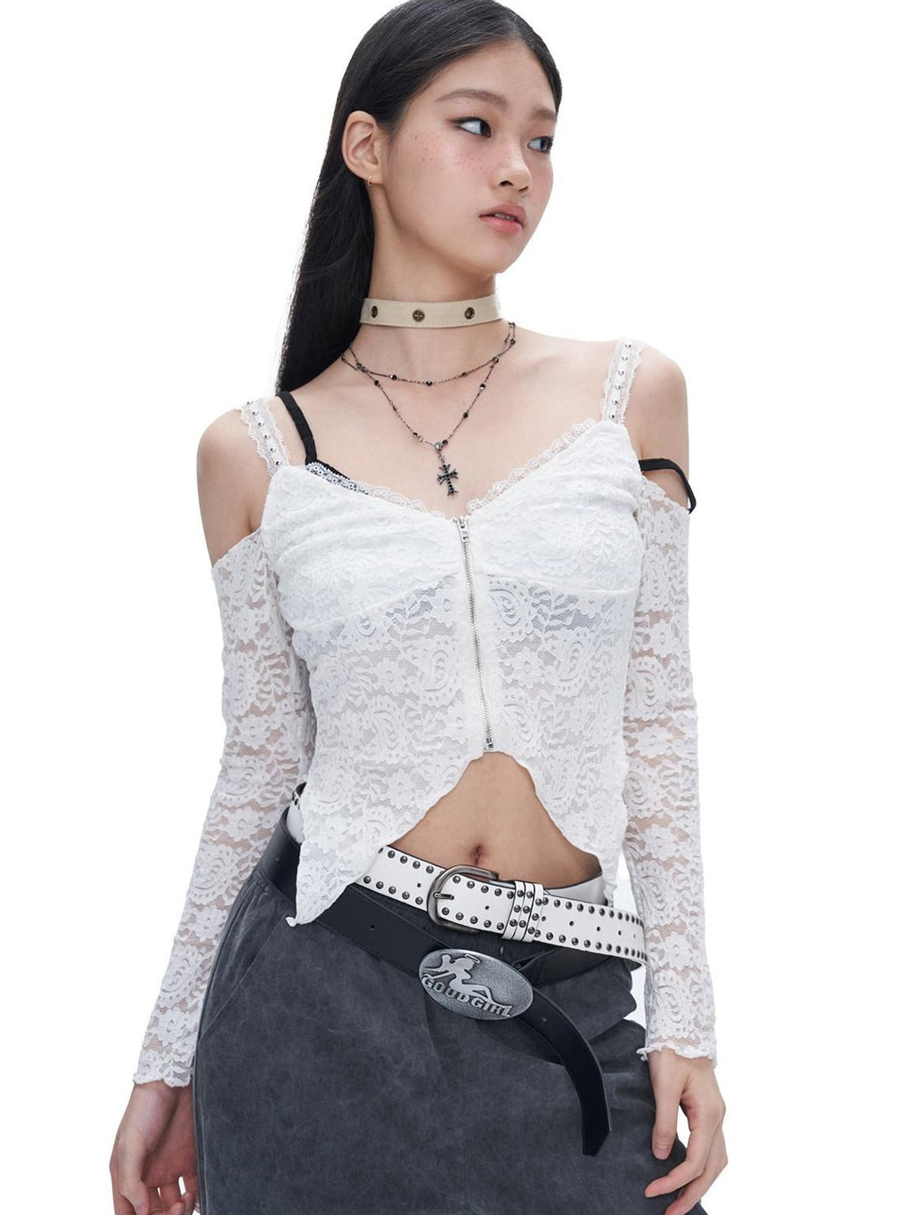 NextPassport MOF White Lace Off Shoulder Bell Sleeve Women's Long Sleeve T-shirts