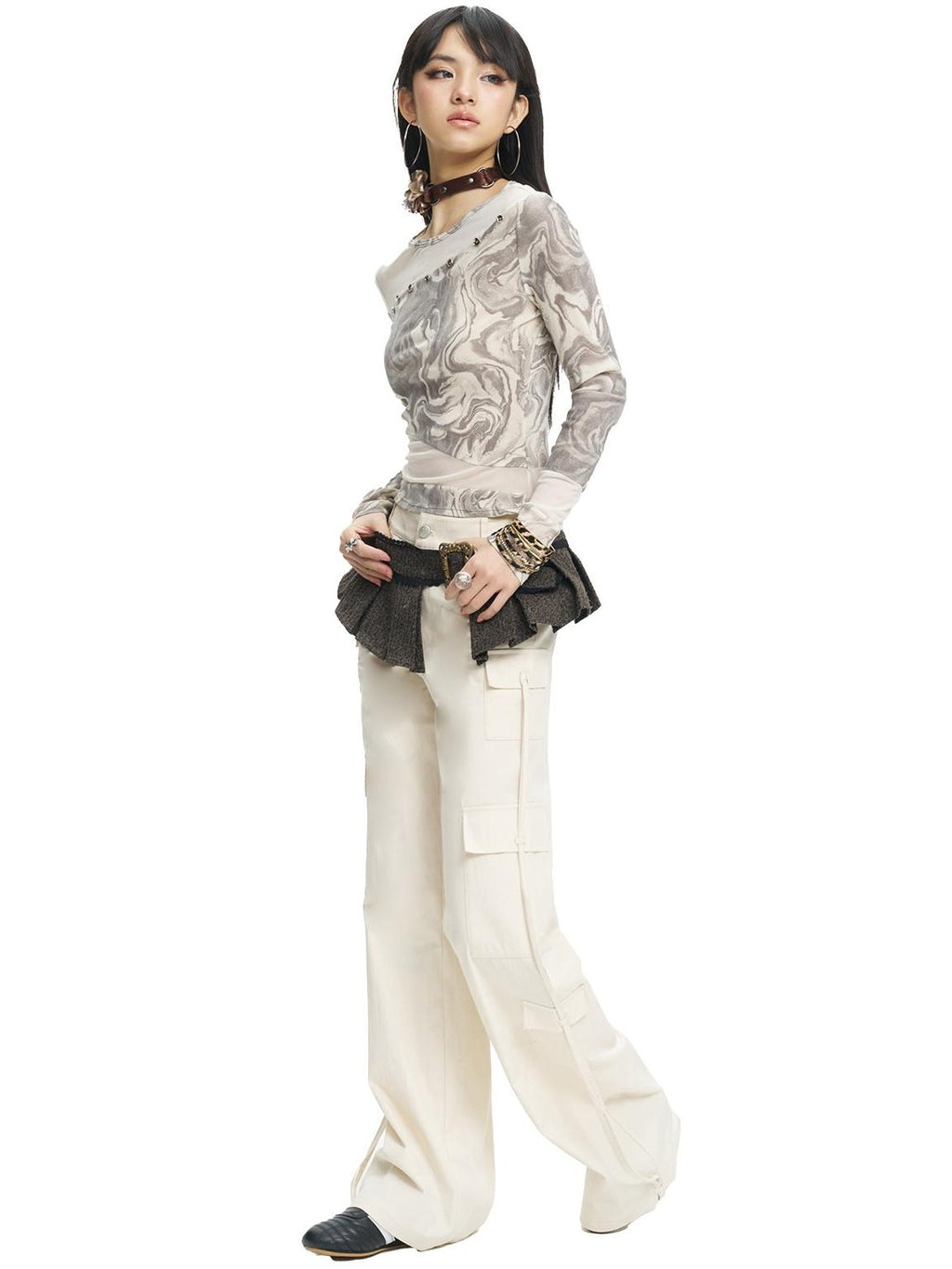 NextPassport MOF White Multi Pocket Drawstring Straight Leg Women's Cotton Cargo Pants
