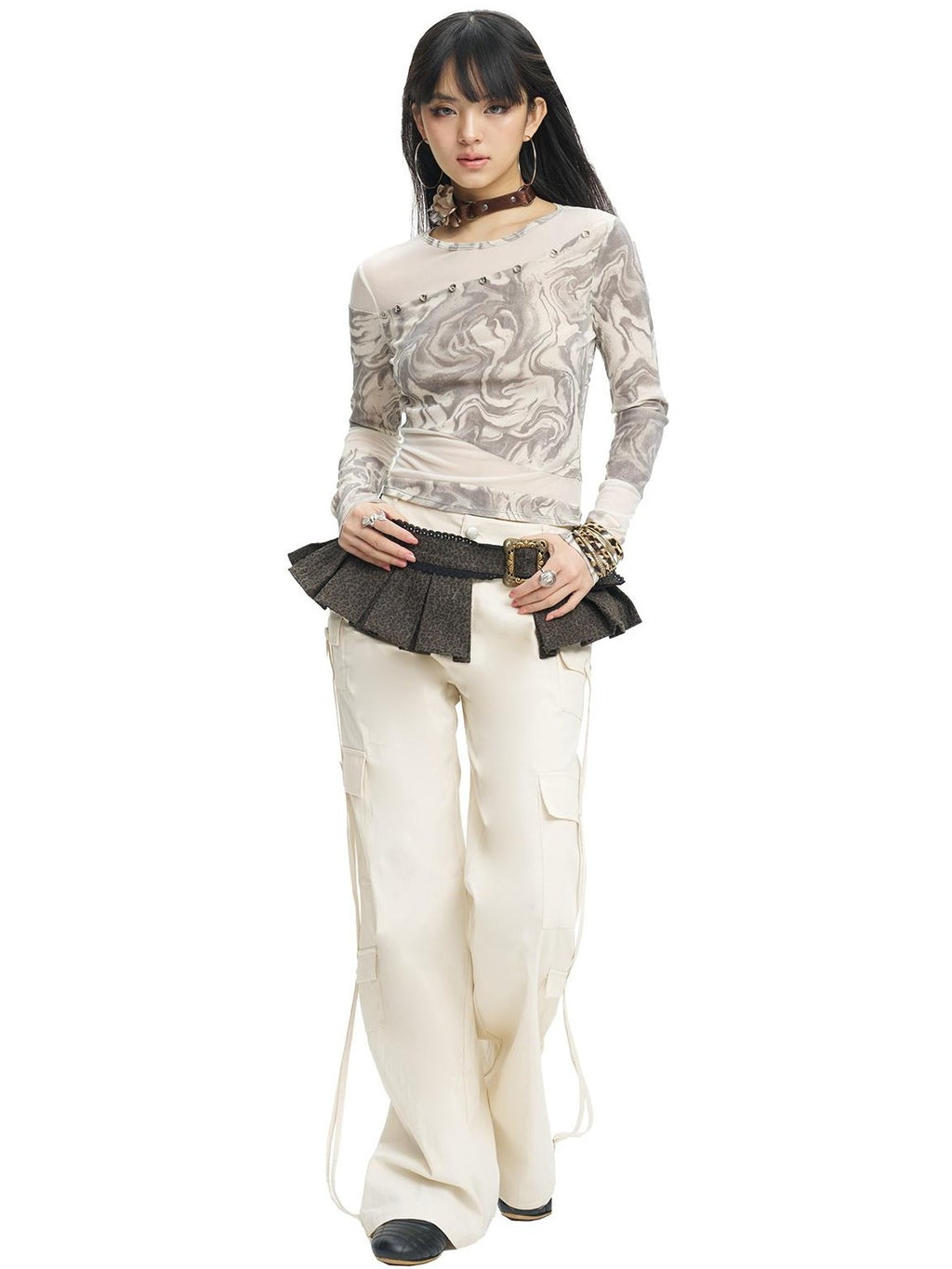 NextPassport MOF White Multi Pocket Drawstring Straight Leg Women's Cotton Cargo Pants