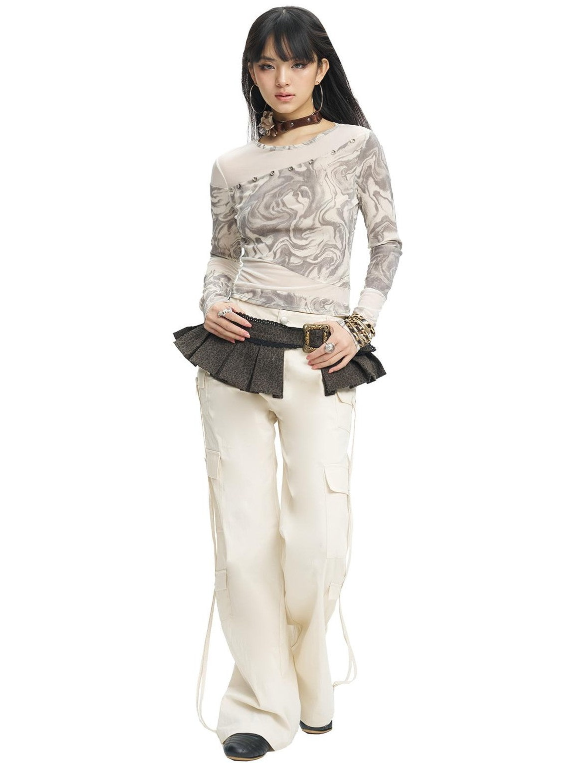 NextPassport MOF White Multi Pocket Drawstring Straight Leg Women's Cotton Cargo Pants