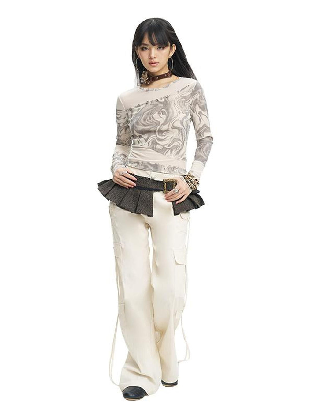 NextPassport MOF White Multi Pocket Drawstring Straight Leg Women's Cotton Cargo Pants