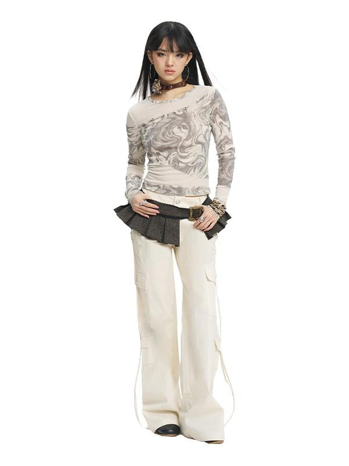 NextPassport MOF White Multi Pocket Drawstring Straight Leg Women's Cotton Cargo Pants