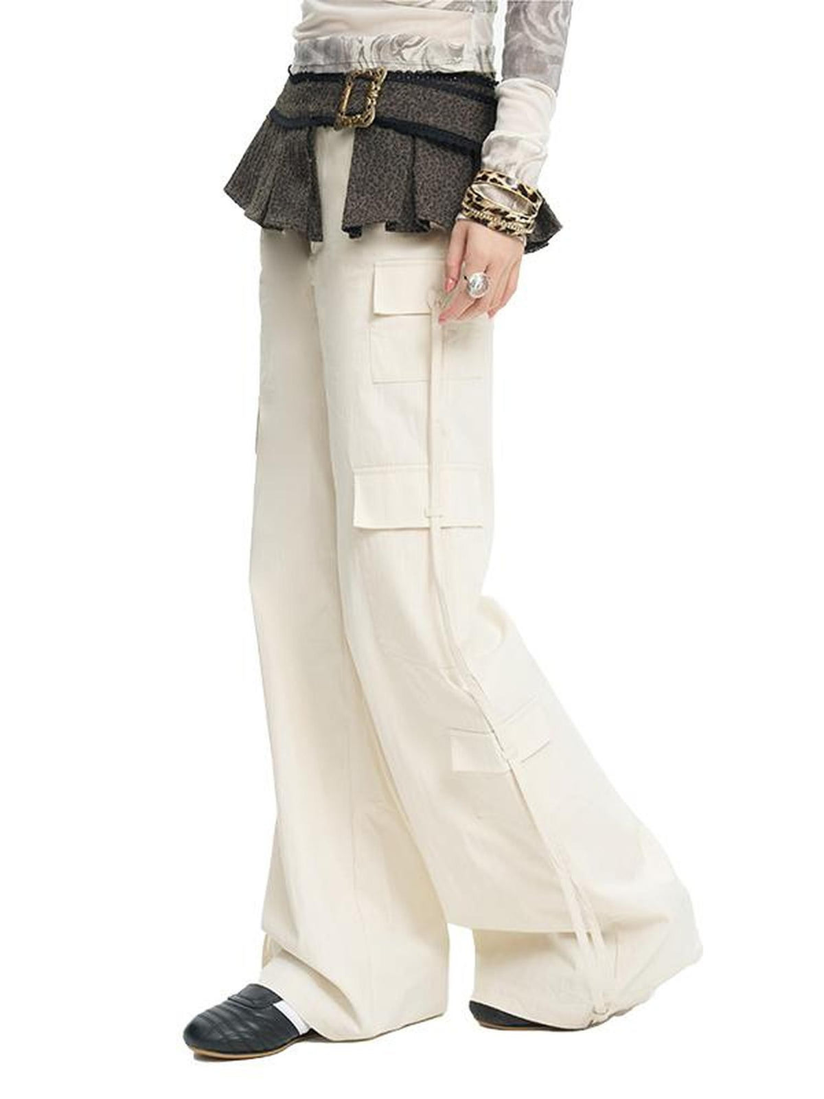NextPassport MOF White Multi Pocket Drawstring Straight Leg Women's Cotton Cargo Pants