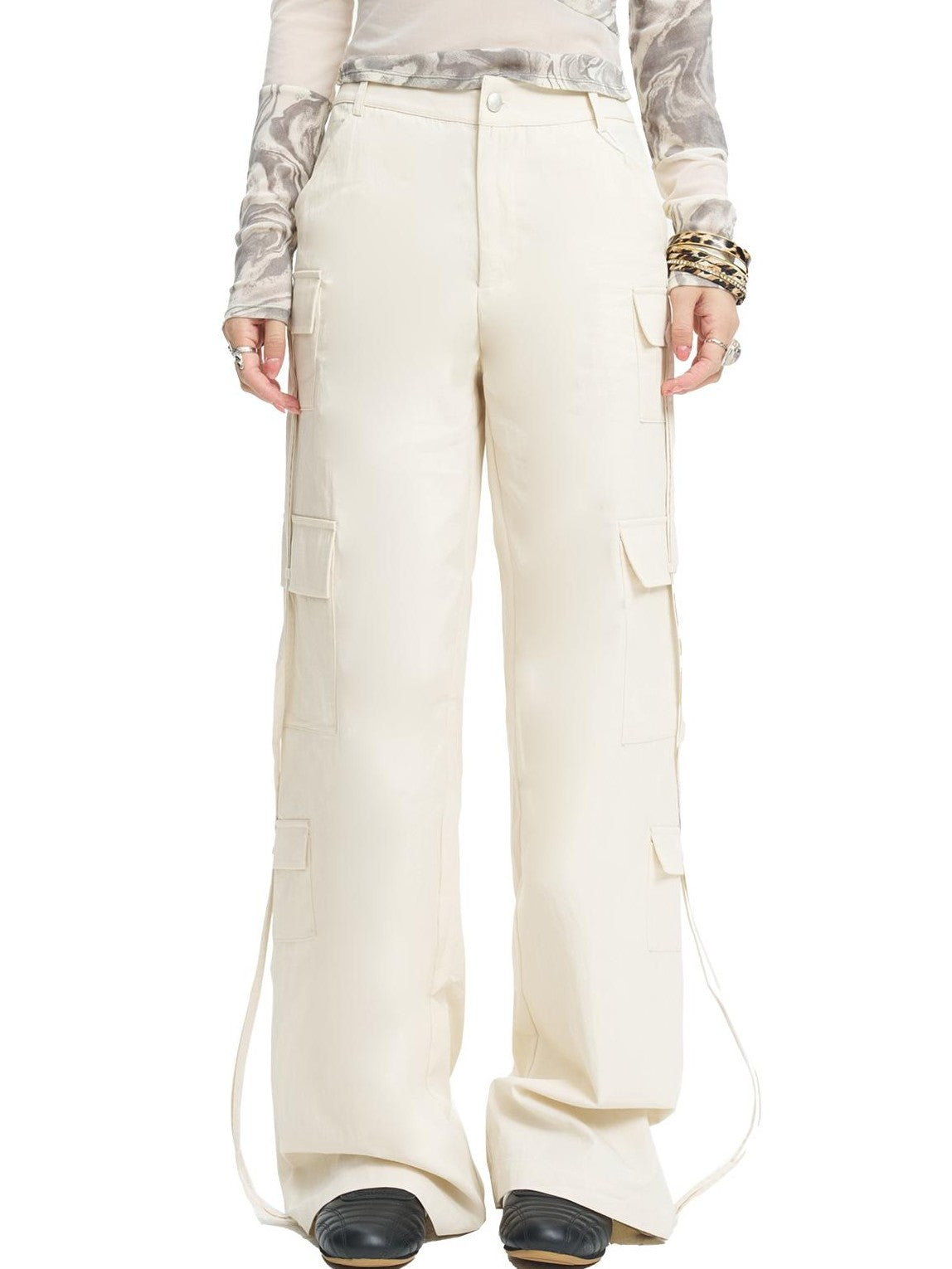NextPassport MOF White Multi Pocket Drawstring Straight Leg Women's Cotton Cargo Pants