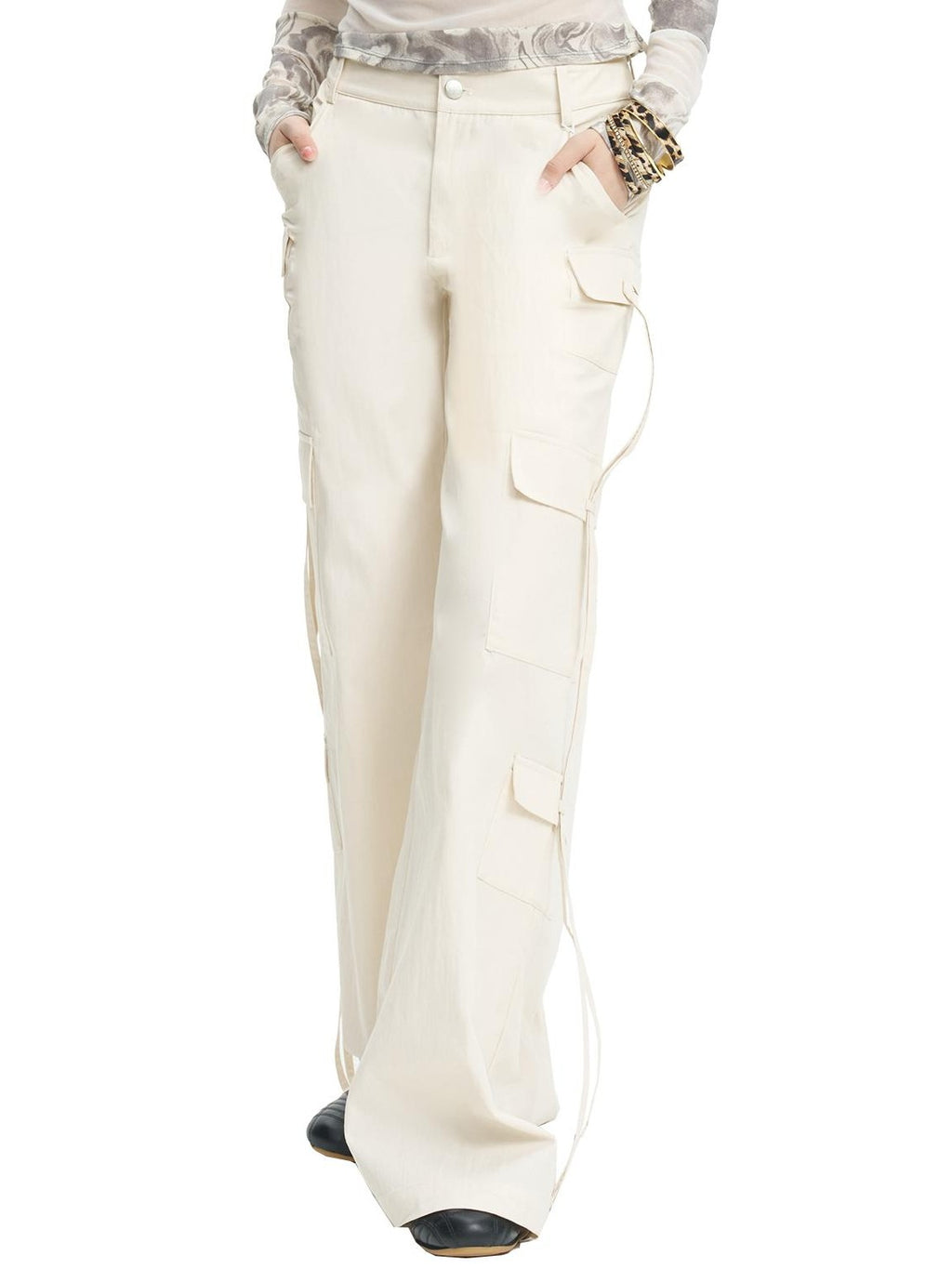 NextPassport MOF White Multi Pocket Drawstring Straight Leg Women's Cotton Cargo Pants