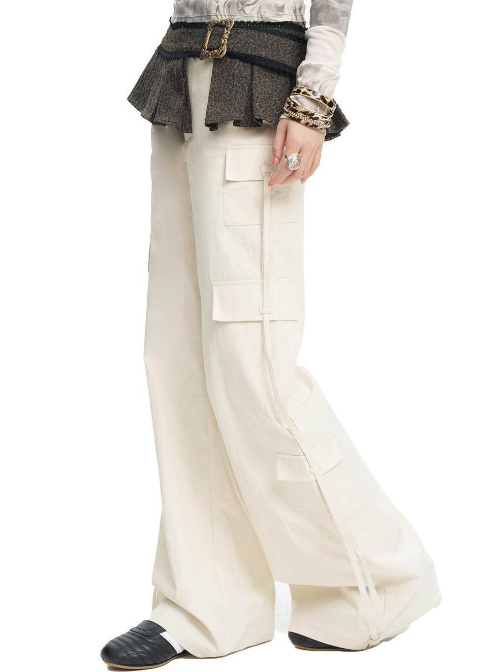 NextPassport MOF White Multi Pocket Drawstring Straight Leg Women's Cotton Cargo Pants
