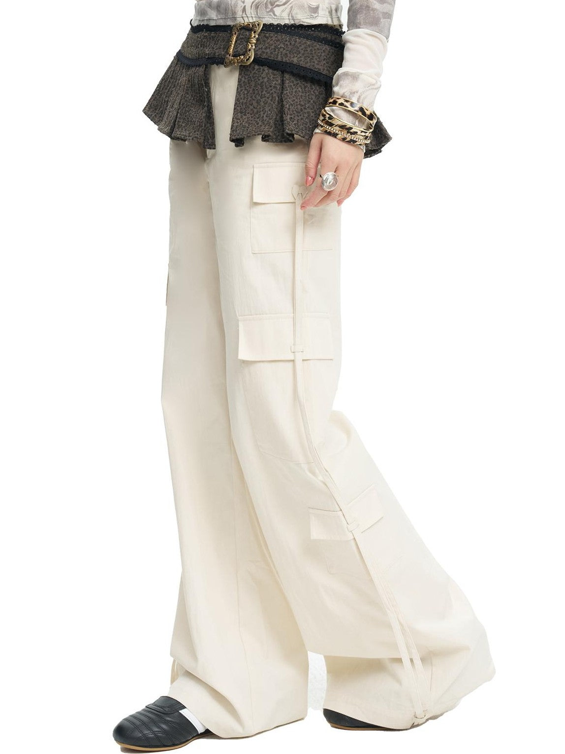 NextPassport MOF White Multi Pocket Drawstring Straight Leg Women's Cotton Cargo Pants