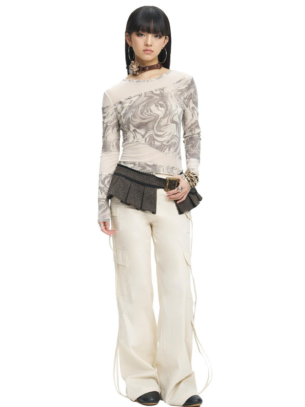 NextPassport MOF White Multi Pocket Drawstring Straight Leg Women's Cotton Cargo Pants
