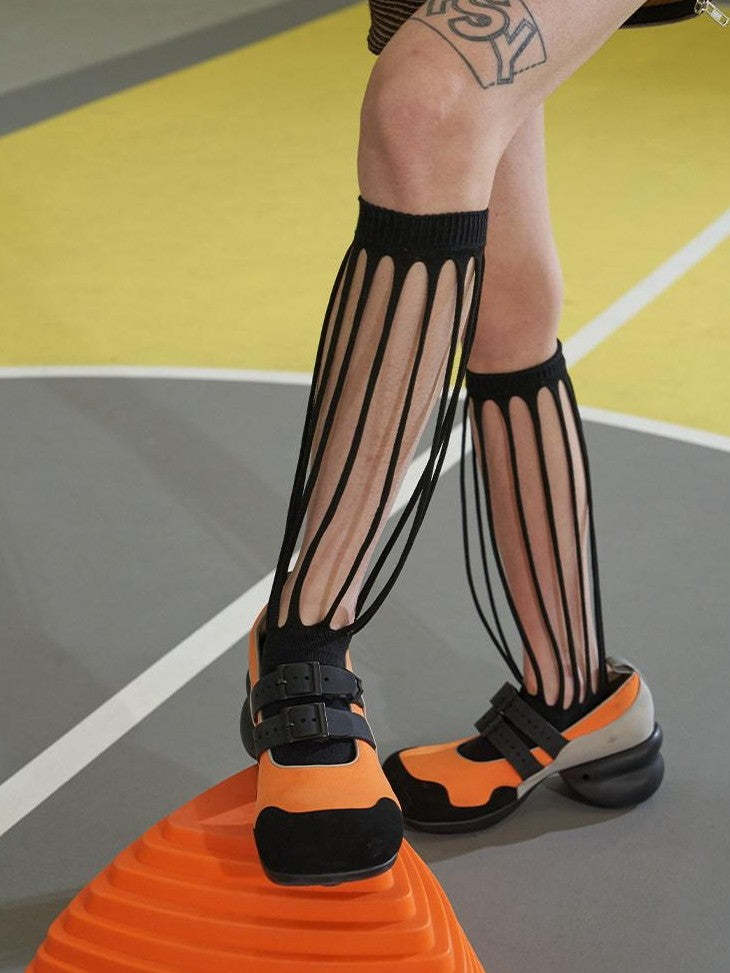 NextPassport MOF White Orange Sporty Cutout Girlish Women's Breathable Mesh Knit Crew Socks