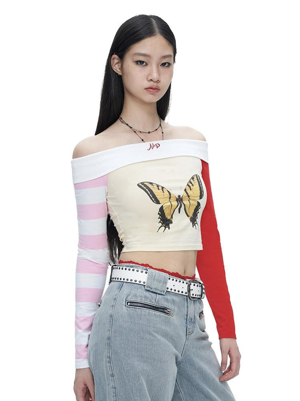 NextPassport MOF Yellow Butterfly Two Tone Sleeves Bardot Neck Women's Long Sleeve T-shirts