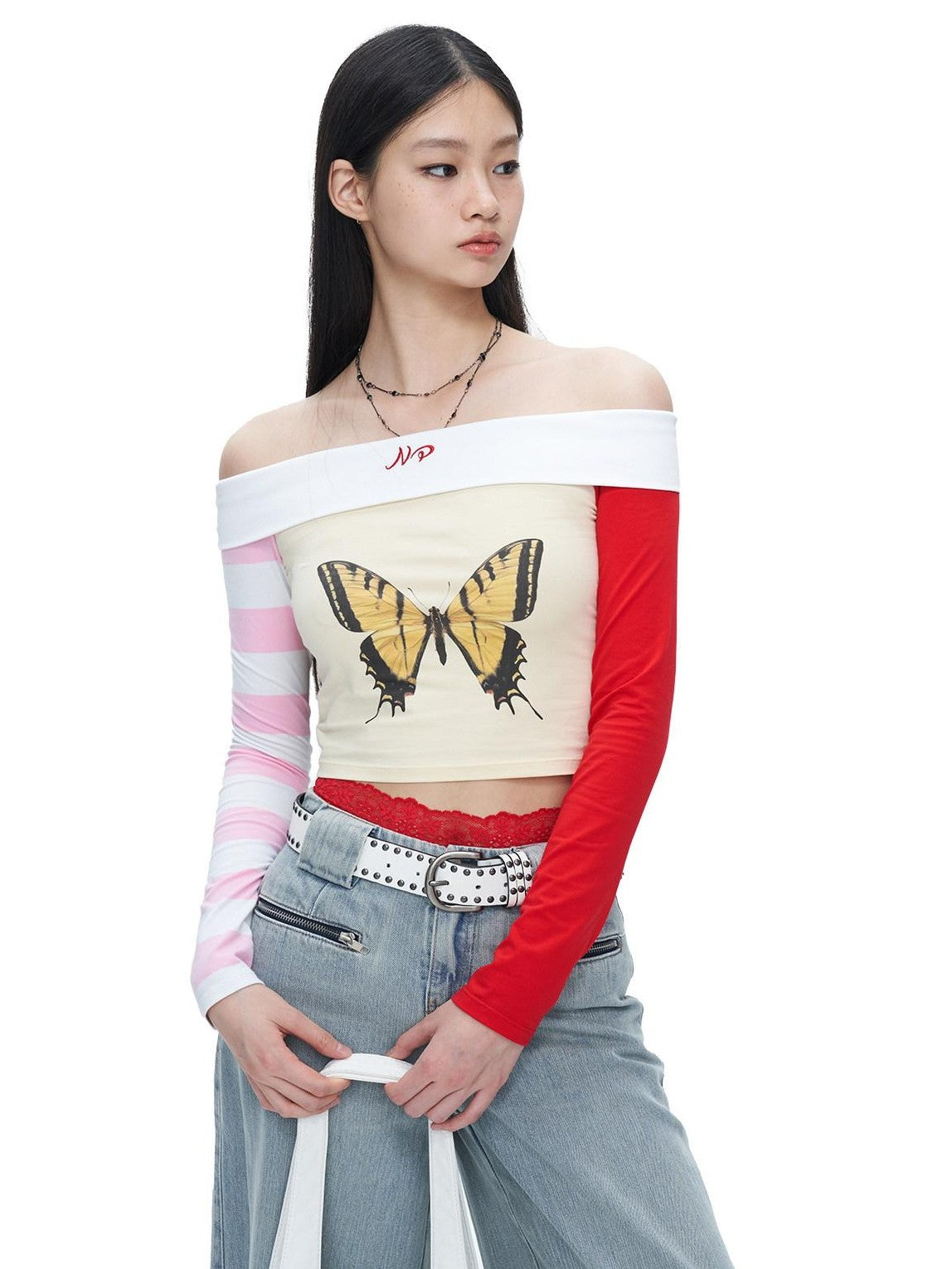 NextPassport MOF Yellow Butterfly Two Tone Sleeves Bardot Neck Women's Long Sleeve T-shirts