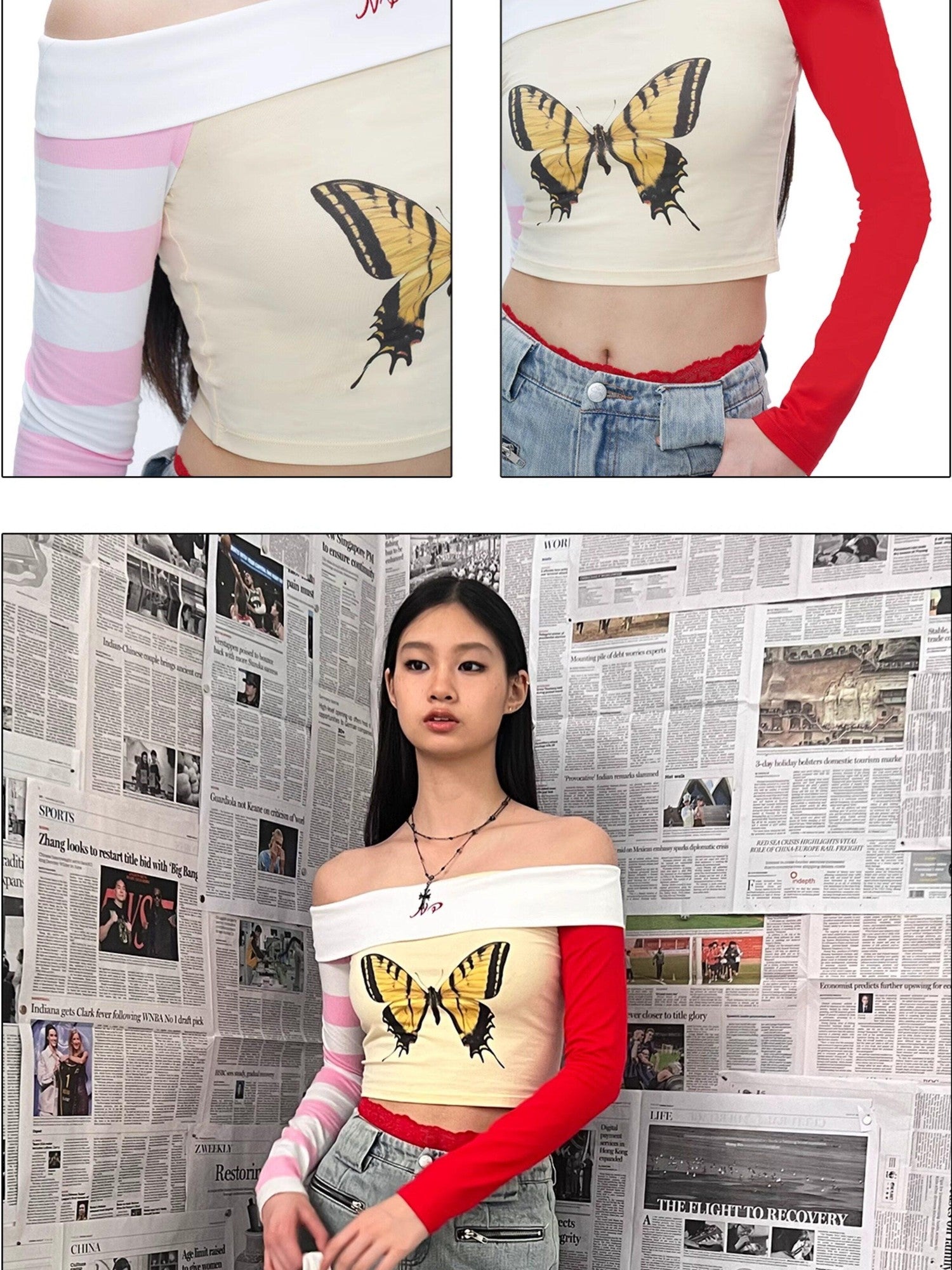 NextPassport MOF Yellow Butterfly Two Tone Sleeves Bardot Neck Women's Long Sleeve T-shirts