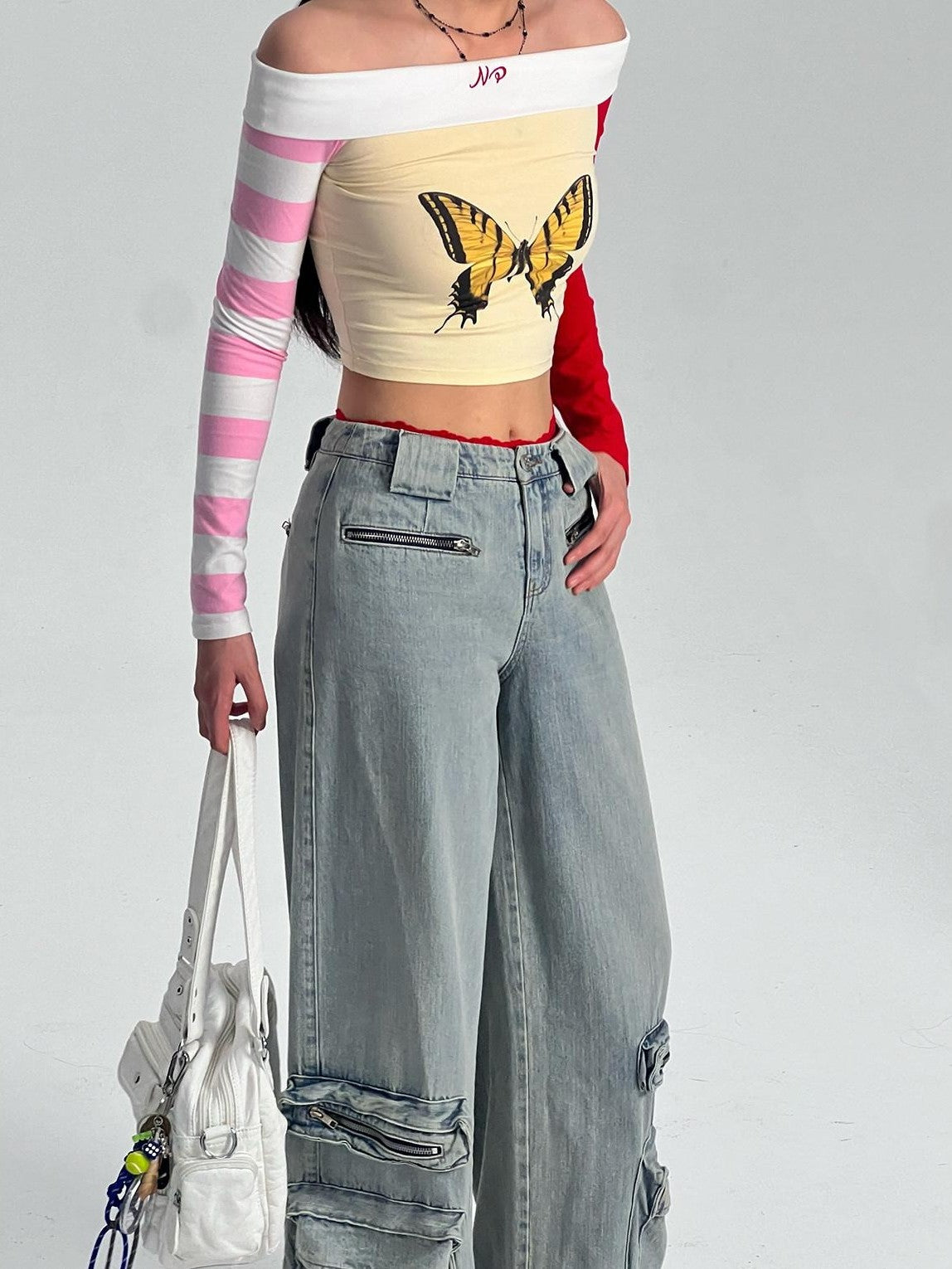 NextPassport MOF Yellow Butterfly Two Tone Sleeves Bardot Neck Women's Long Sleeve T-shirts