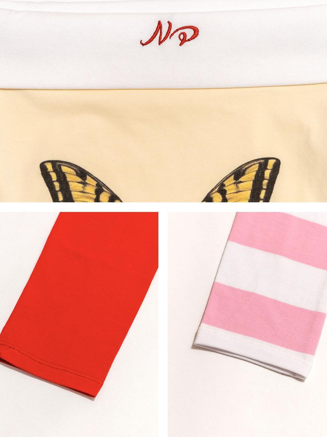 NextPassport MOF Yellow Butterfly Two Tone Sleeves Bardot Neck Women's Long Sleeve T-shirts