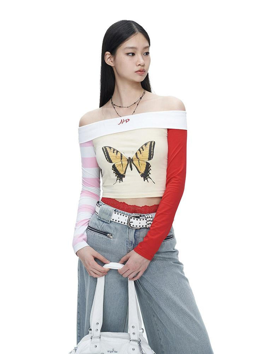 NextPassport MOF Yellow Butterfly Two Tone Sleeves Bardot Neck Women's Long Sleeve T-shirts