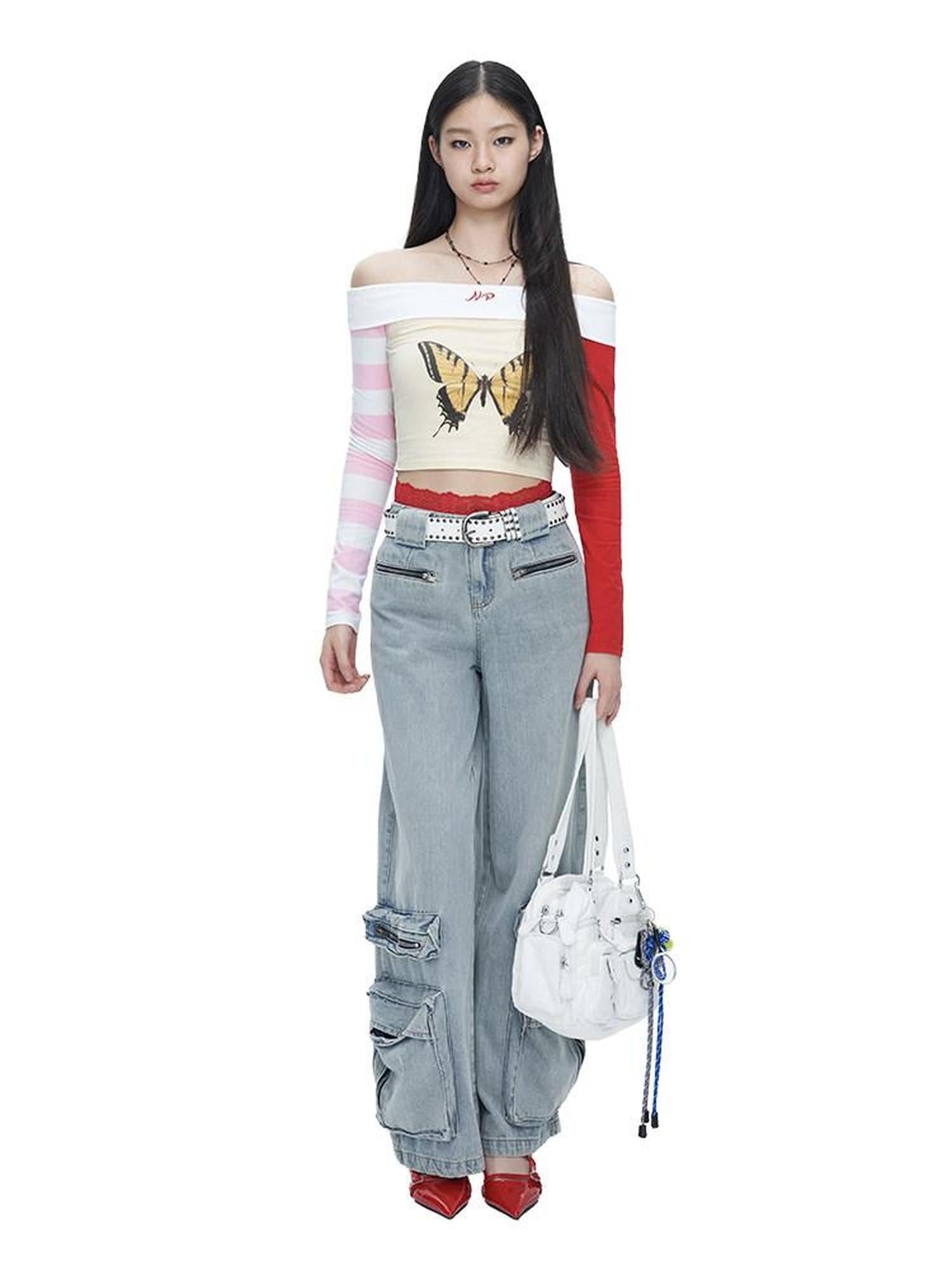 NextPassport MOF Yellow Butterfly Two Tone Sleeves Bardot Neck Women's Long Sleeve T-shirts