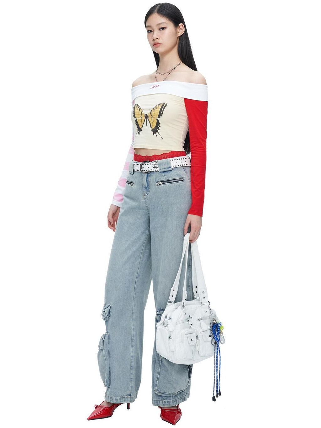 NextPassport MOF Yellow Butterfly Two Tone Sleeves Bardot Neck Women's Long Sleeve T-shirts