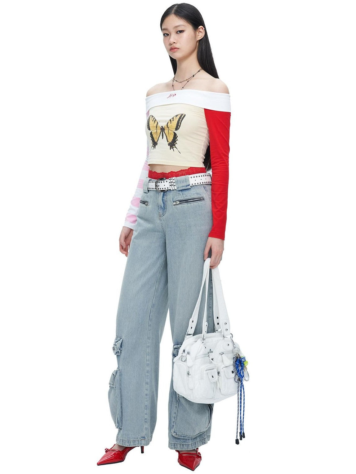 NextPassport MOF Yellow Butterfly Two Tone Sleeves Bardot Neck Women's Long Sleeve T-shirts