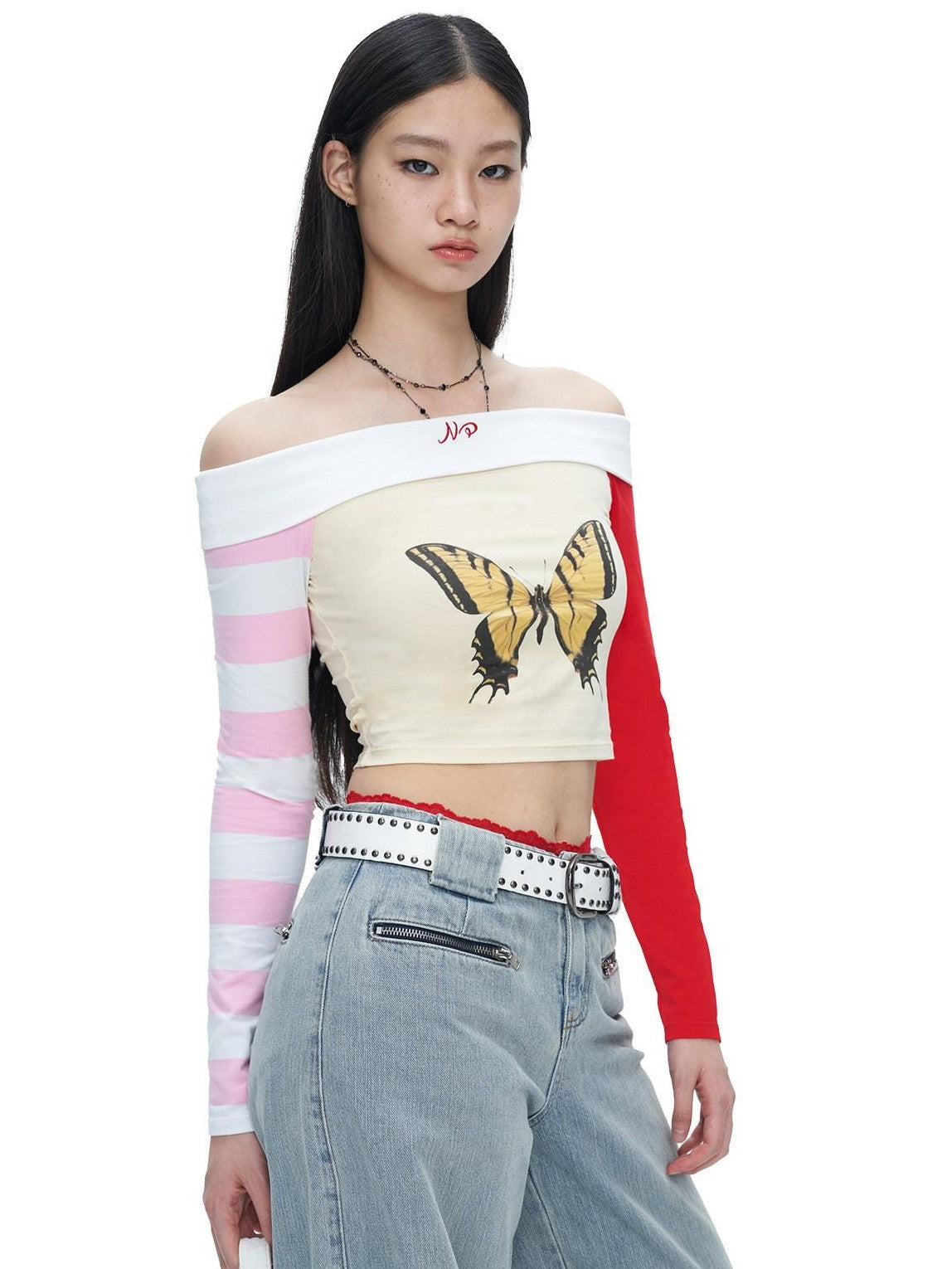 NextPassport MOF Yellow Butterfly Two Tone Sleeves Bardot Neck Women's Long Sleeve T-shirts