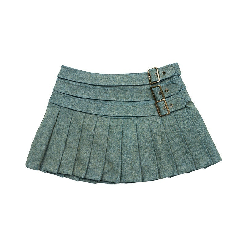 NextPassport_MOF_Yellow_Green_Washed_Three_Layer_Faux_Belt_Safety_Shorts_Women's_Pleated_Skirts_775707521481_MISSTT