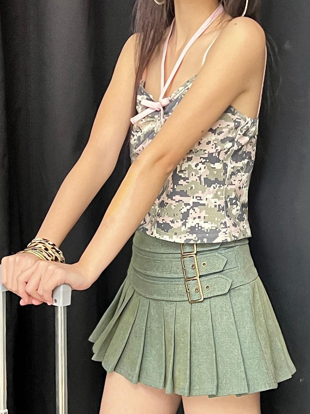 NextPassport MOF Yellow Green Washed Three Layer Faux Belt Safety Shorts Women's Pleated Skirts