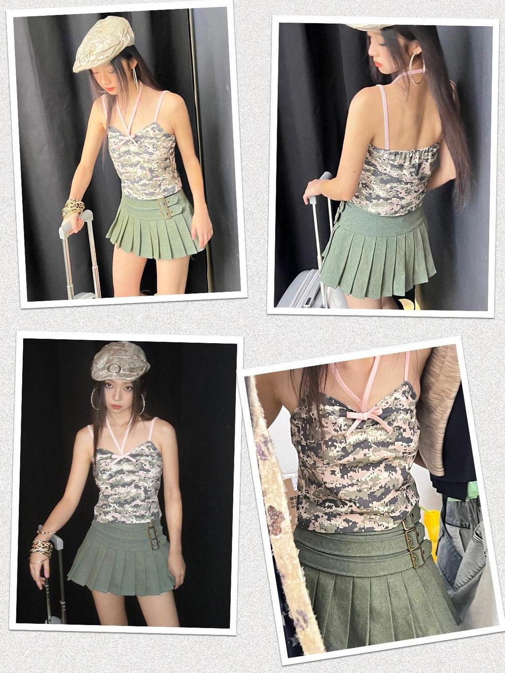 NextPassport MOF Yellow Green Washed Three Layer Faux Belt Safety Shorts Women's Pleated Skirts