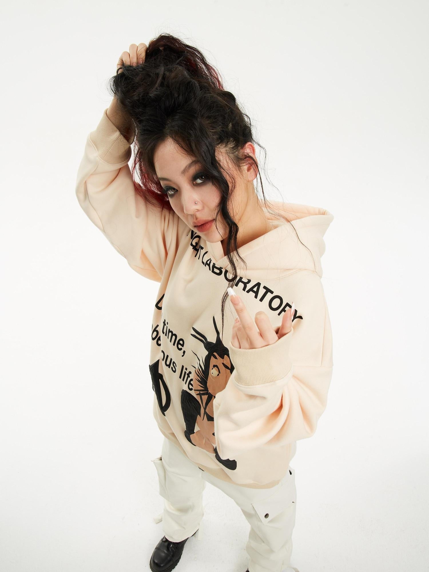 Night Lab 100% Cotton Warm Loose Fit Printed Pullover Unisex Cartoon Graphic Hoodies
