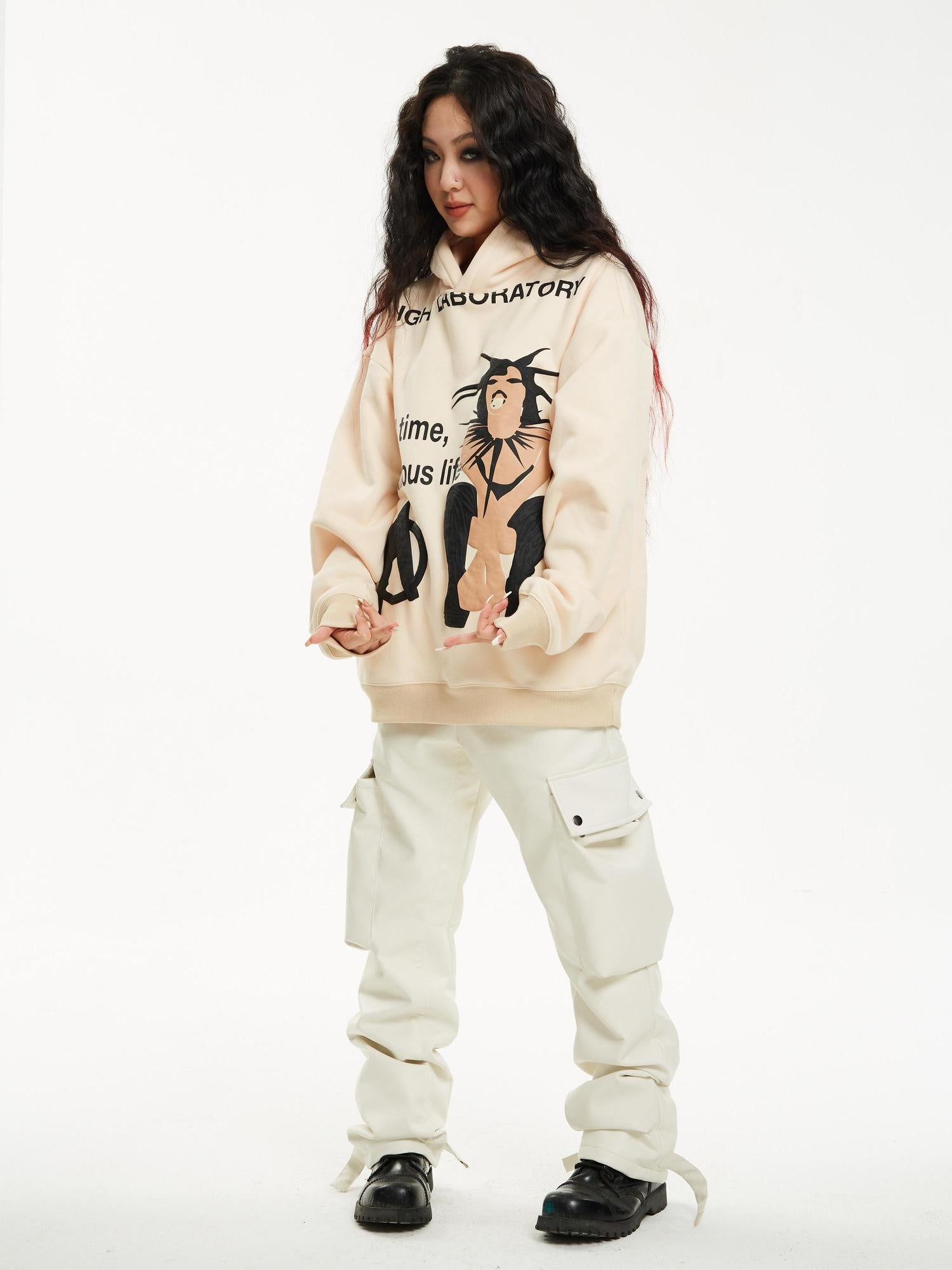 Night Lab 100% Cotton Warm Loose Fit Printed Pullover Unisex Cartoon Graphic Hoodies