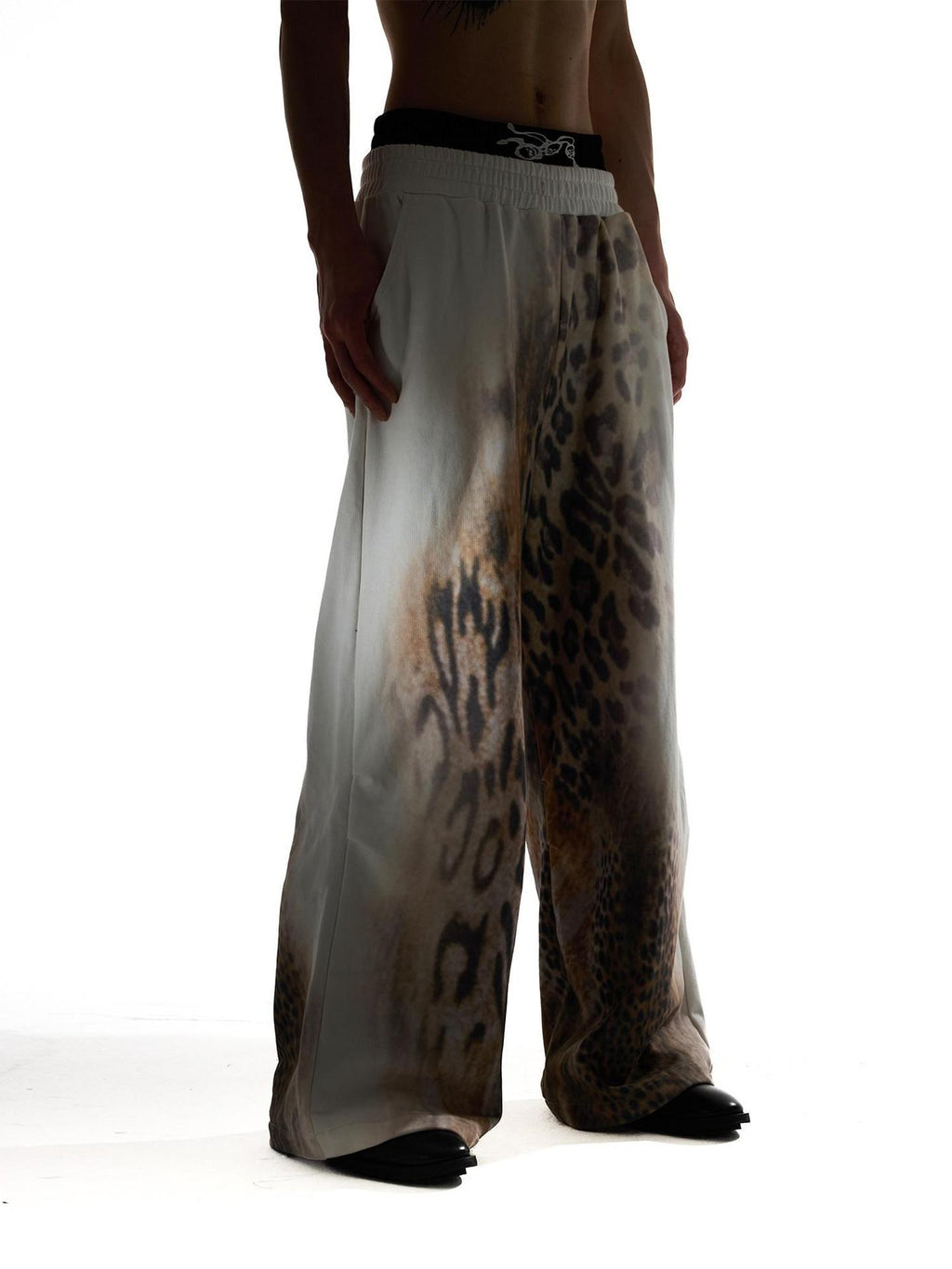 Night Lab 100 Percent Cotton Distressed Leopard Wide Leg Drawstring Sweatpants/Joggers