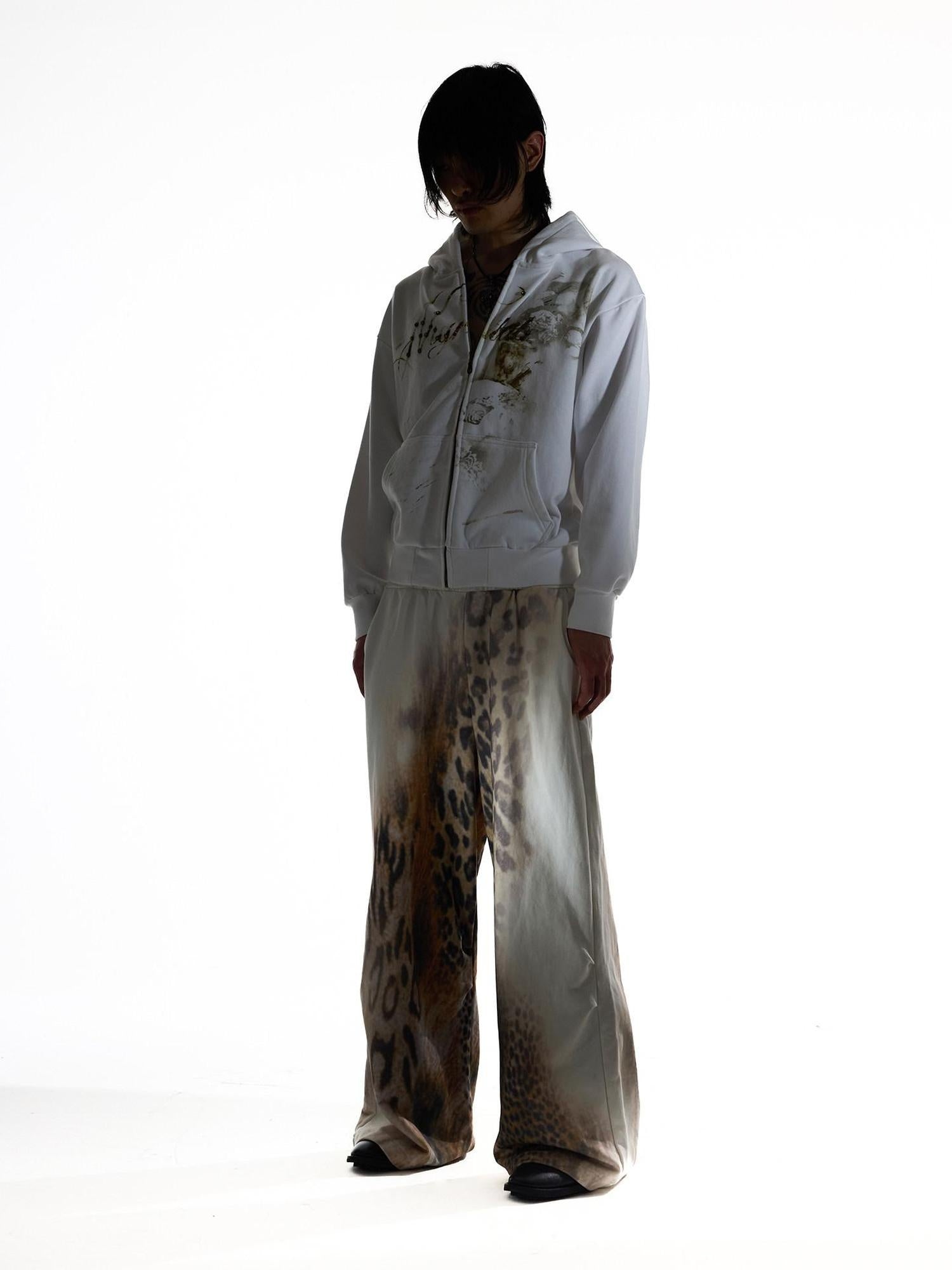 Night Lab 100 Percent Cotton Distressed Leopard Wide Leg Drawstring Sweatpants/Joggers