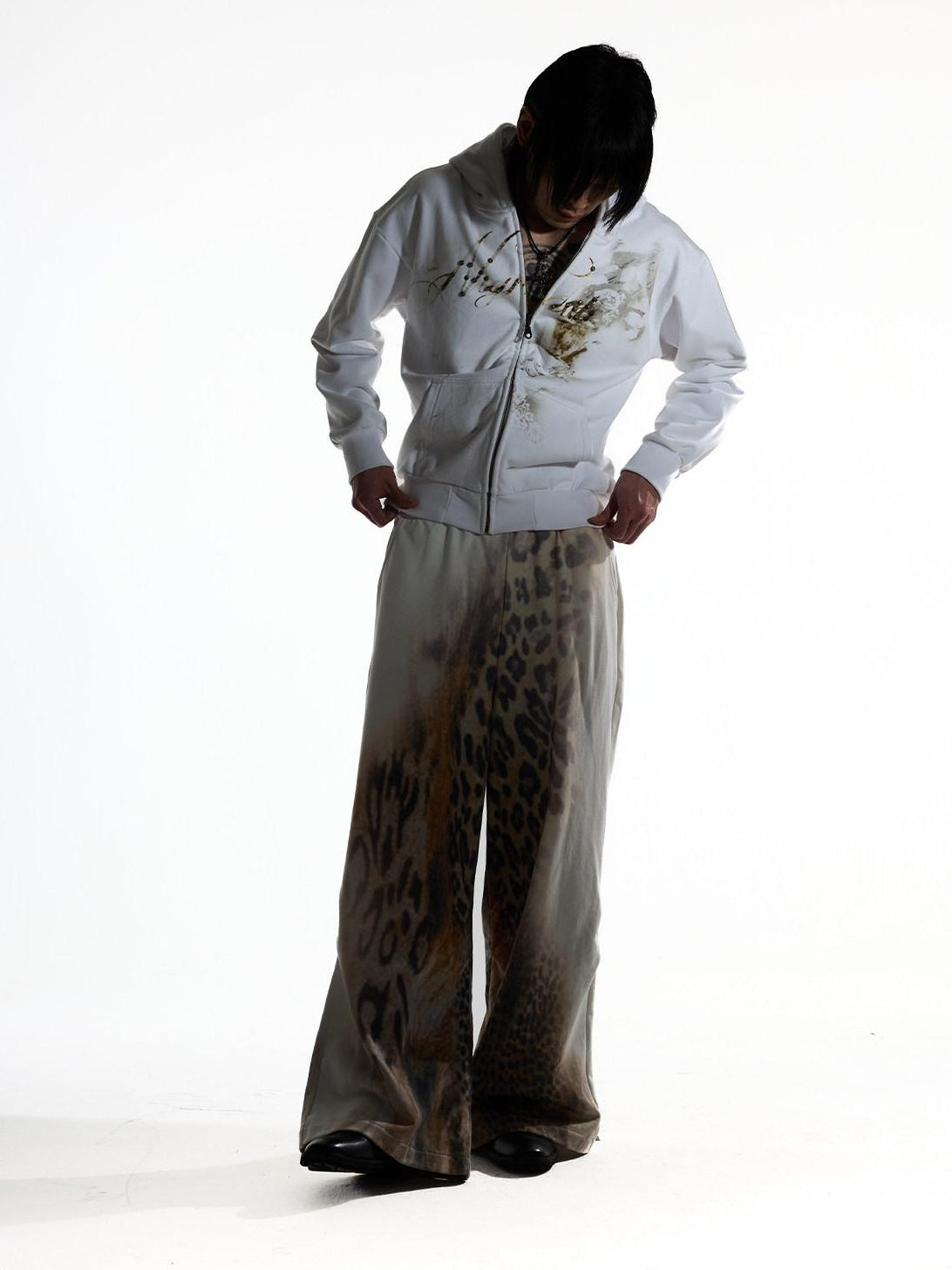Night Lab 100 Percent Cotton Distressed Leopard Wide Leg Drawstring Sweatpants/Joggers