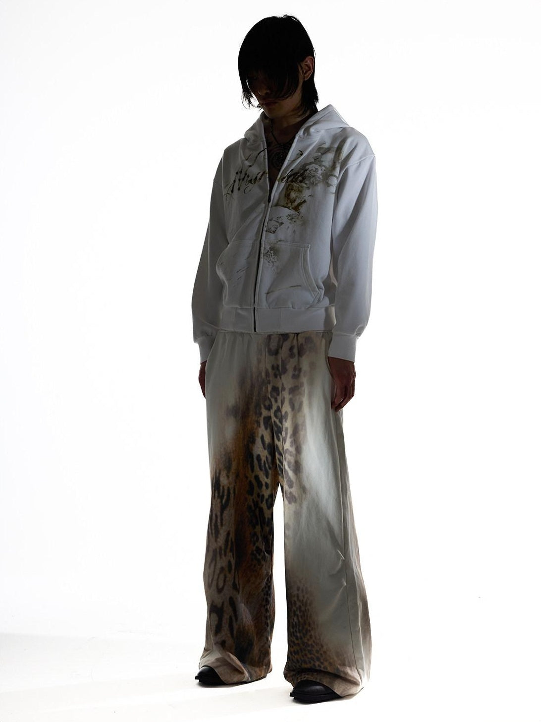 Night Lab 100 Percent Cotton Distressed Leopard Wide Leg Drawstring Sweatpants/Joggers