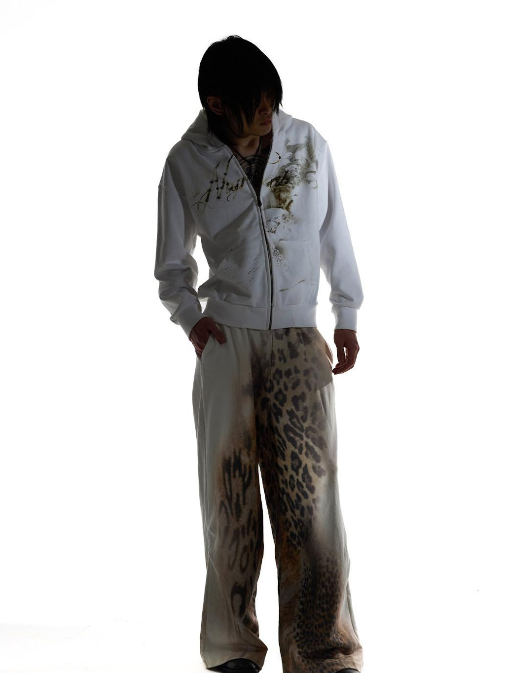 Night Lab 100 Percent Cotton Distressed Leopard Wide Leg Drawstring Sweatpants/Joggers