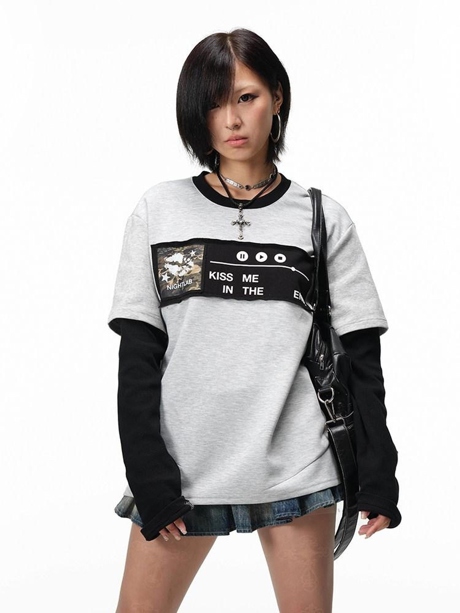 Night Lab Aircotton Breathable Loose Patchwork Crewneck Unisex Floral Long Sleeve T-Shirts