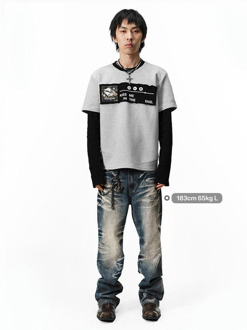 Night Lab Aircotton Breathable Loose Patchwork Crewneck Unisex Floral Long Sleeve T-Shirts