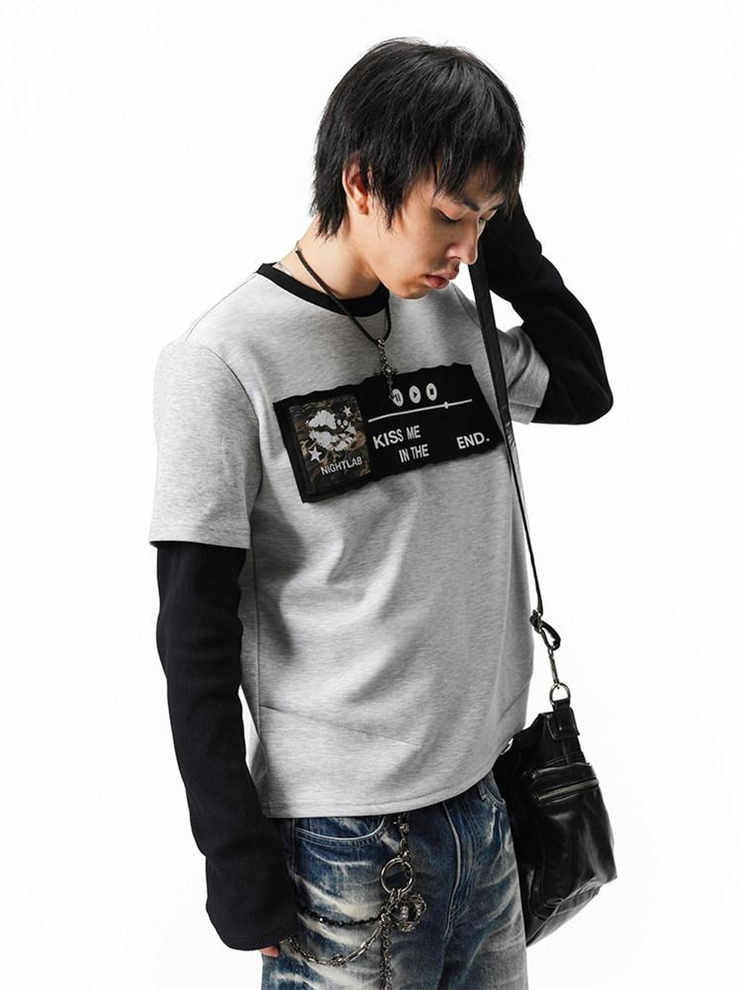 Night Lab Aircotton Breathable Loose Patchwork Crewneck Unisex Floral Long Sleeve T-Shirts