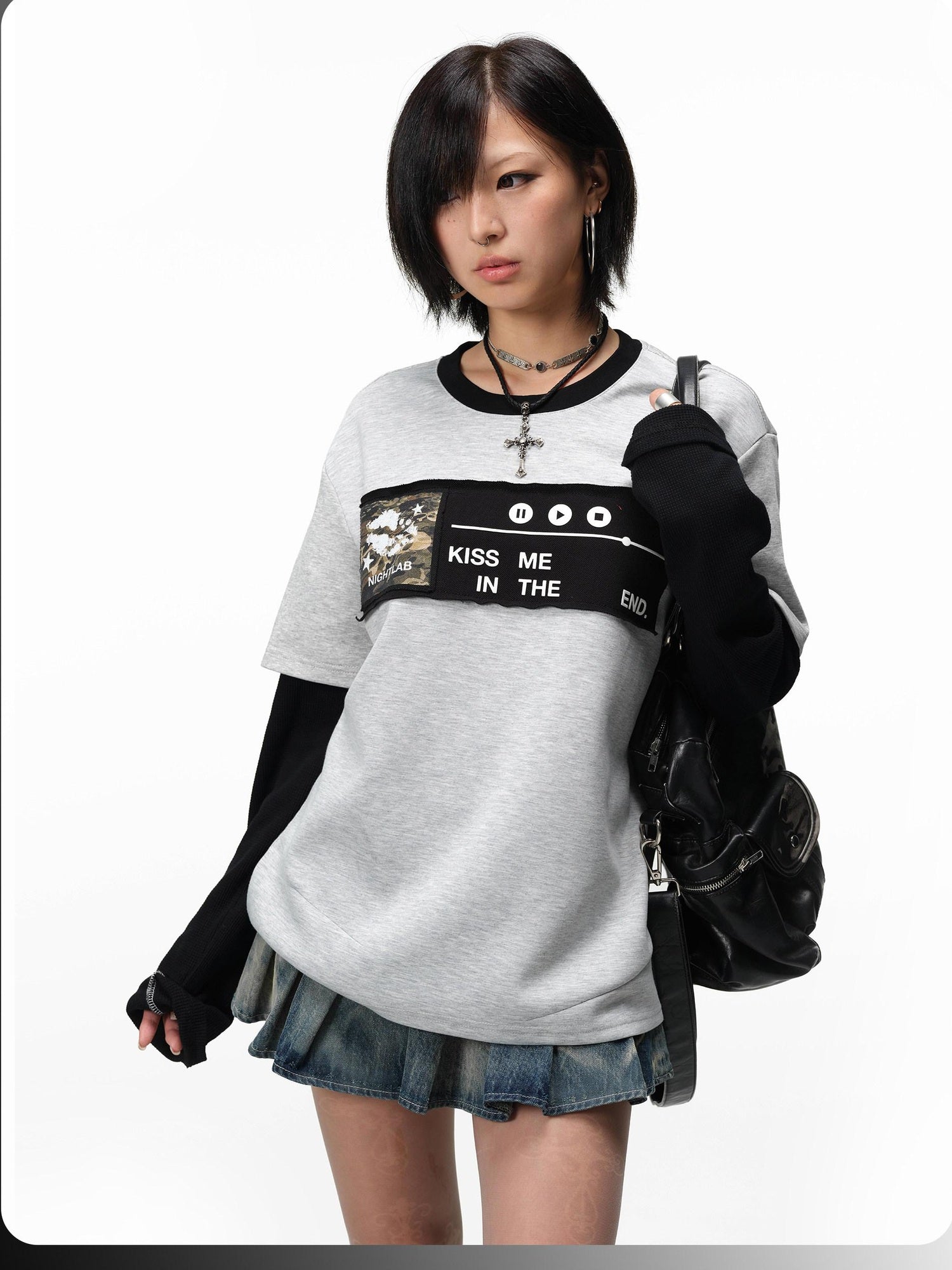 Night Lab Aircotton Breathable Loose Patchwork Crewneck Unisex Floral Long Sleeve T-Shirts