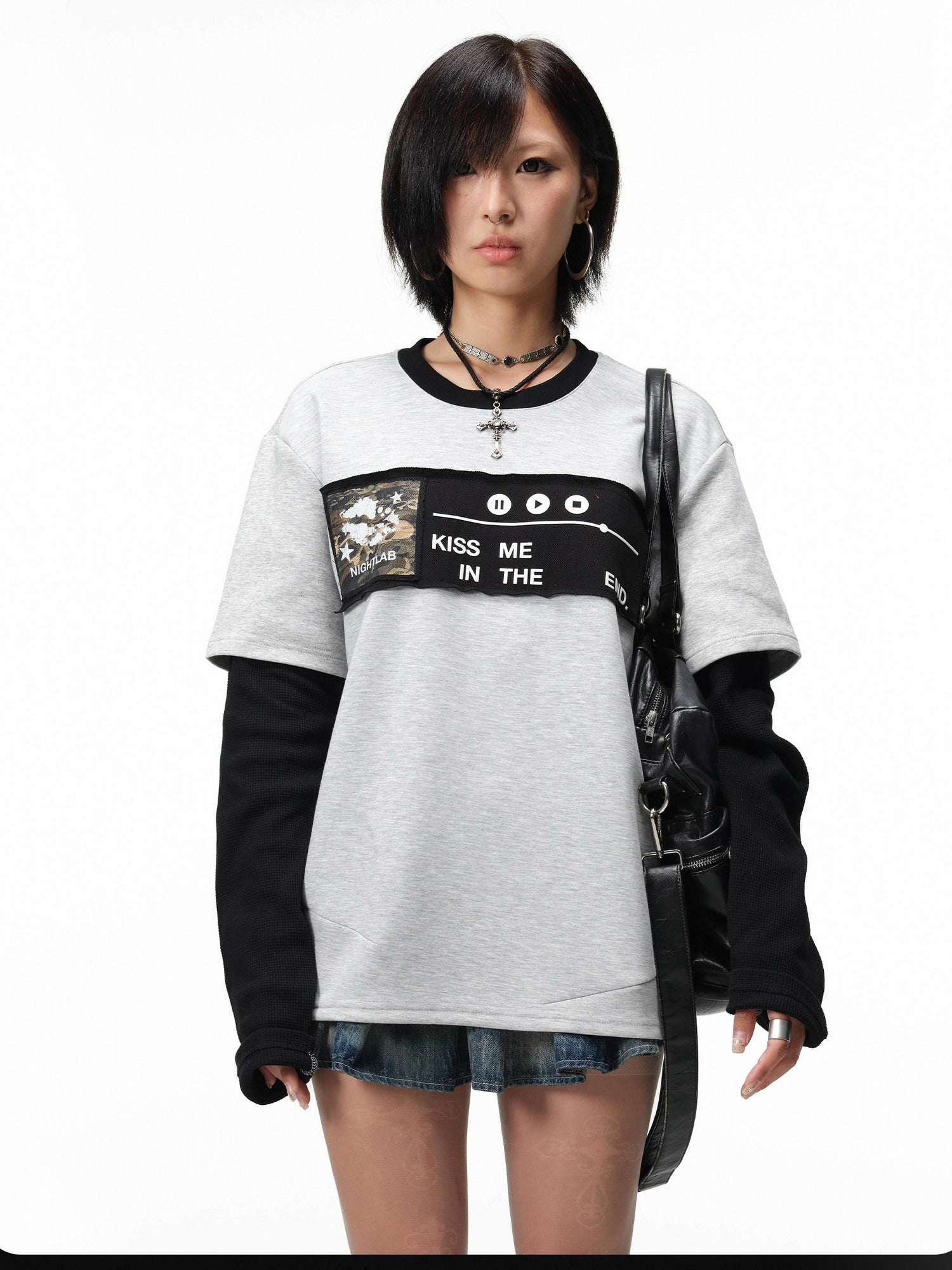 Night Lab Aircotton Breathable Loose Patchwork Crewneck Unisex Floral Long Sleeve T-Shirts