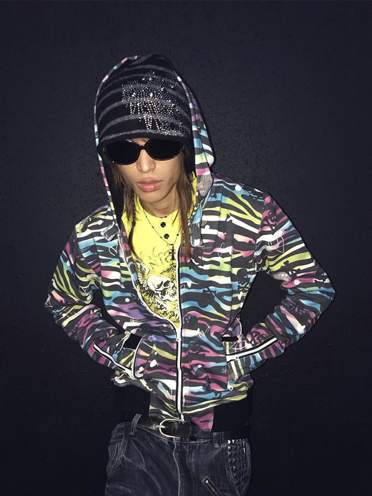 Night Lab Colored Skull Zebra Print Washed Loose Fit Women's Cotton Zip-up Hoodies