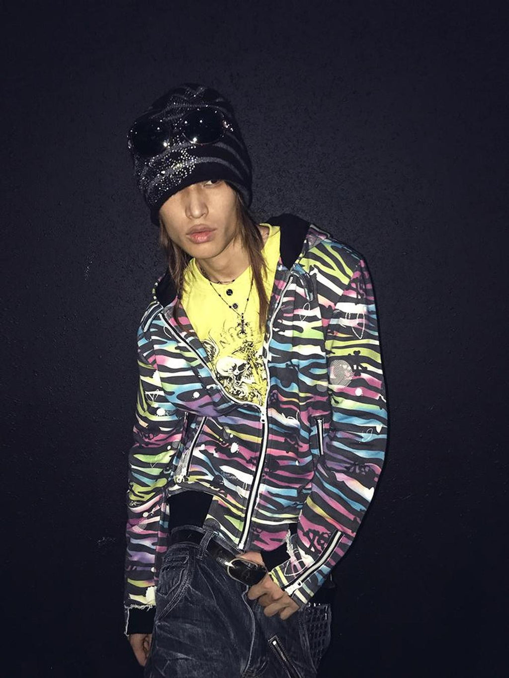 Night Lab Colored Skull Zebra Print Washed Loose Fit Women's Cotton Zip-up Hoodies